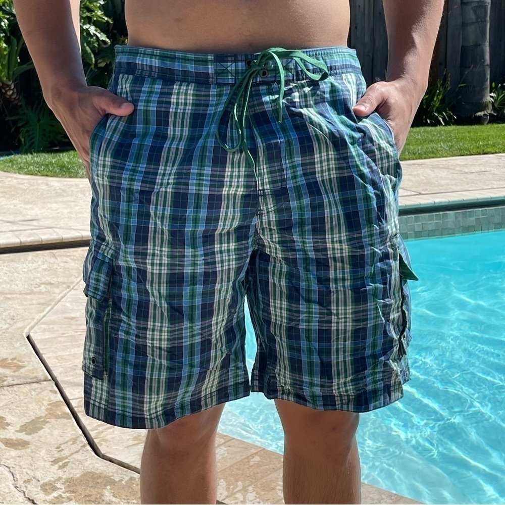 NWT CLUB ROOM L & XXL Green & Blue Seaside Plaid Swim Trunks MT09